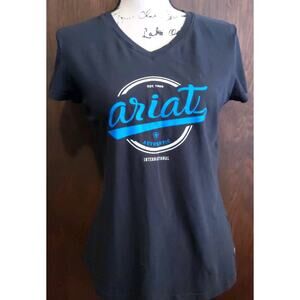 Ariat V Neck Short Sleeve Womens medium black cotton stretch Western tee t shirt